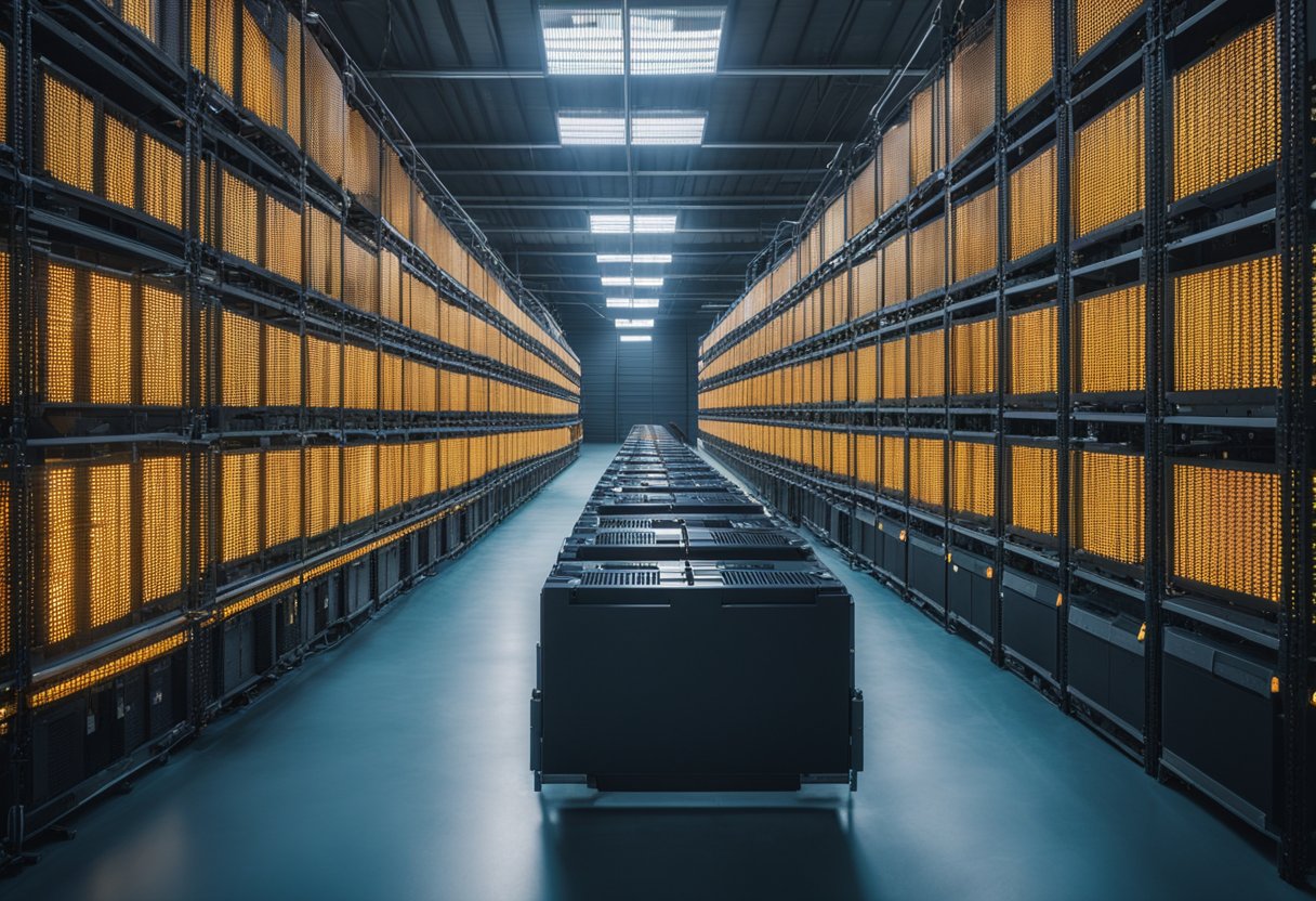 A warehouse filled with rows of powerful computers mining cryptocurrency, surrounded by buzzing cooling fans and high energy usage