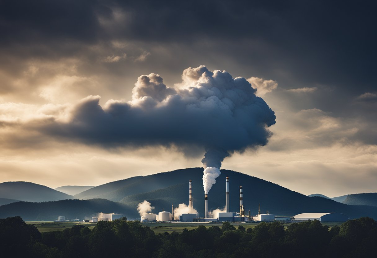 A dark, smoky cloud hovers over a digital currency mining facility, contrasting with a pristine natural landscape, highlighting the environmental impact of crypto mining