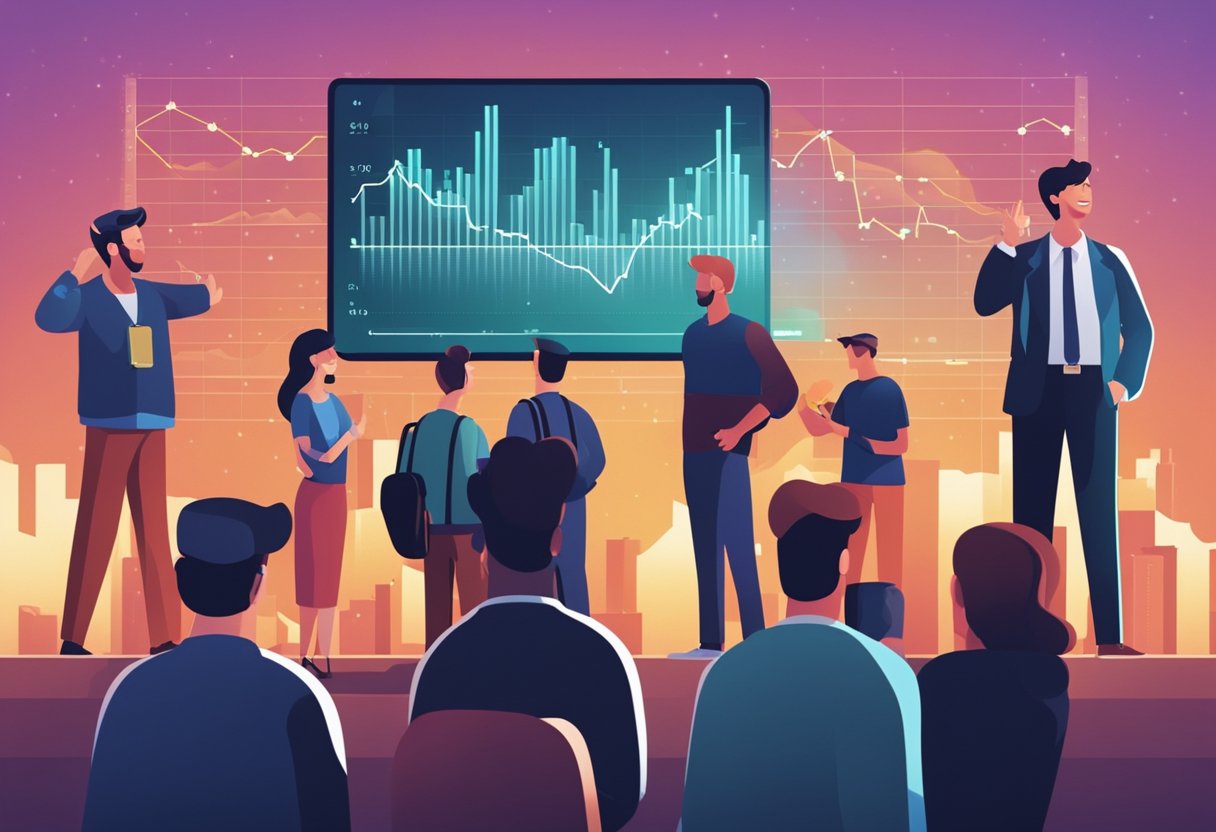 A group of people watching a fluctuating line graph representing cryptocurrency value, with some looking excited and hopeful while others appear concerned and uncertain