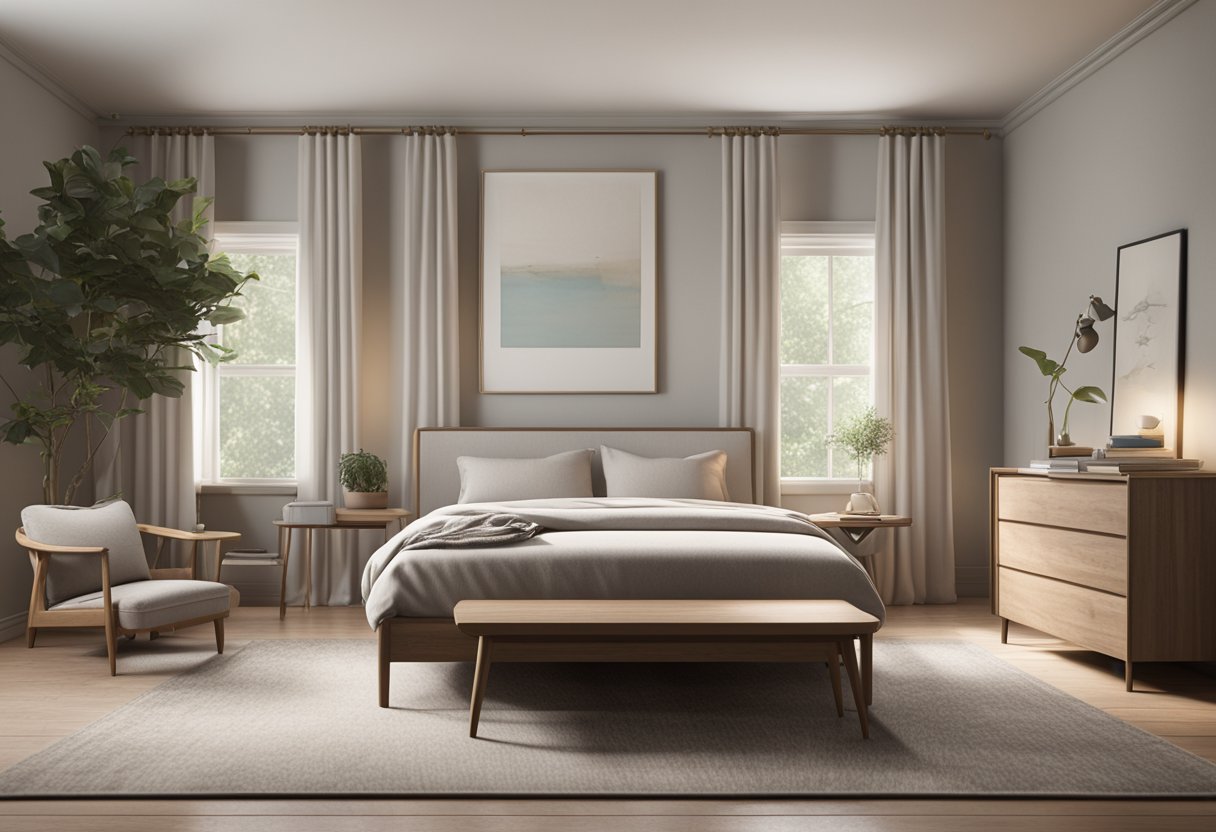 A simple bed, a small nightstand, and a basic dresser fill the sparsely decorated room. The furniture is plain and inexpensive, with clean lines and neutral colors