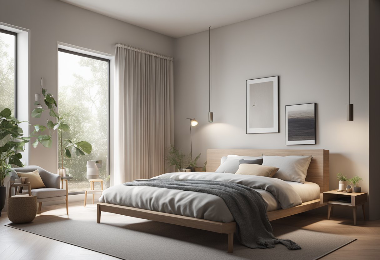 A simple bedroom with clean lines, neutral colors, and basic furniture. No clutter, just the essentials for a minimalist lifestyle