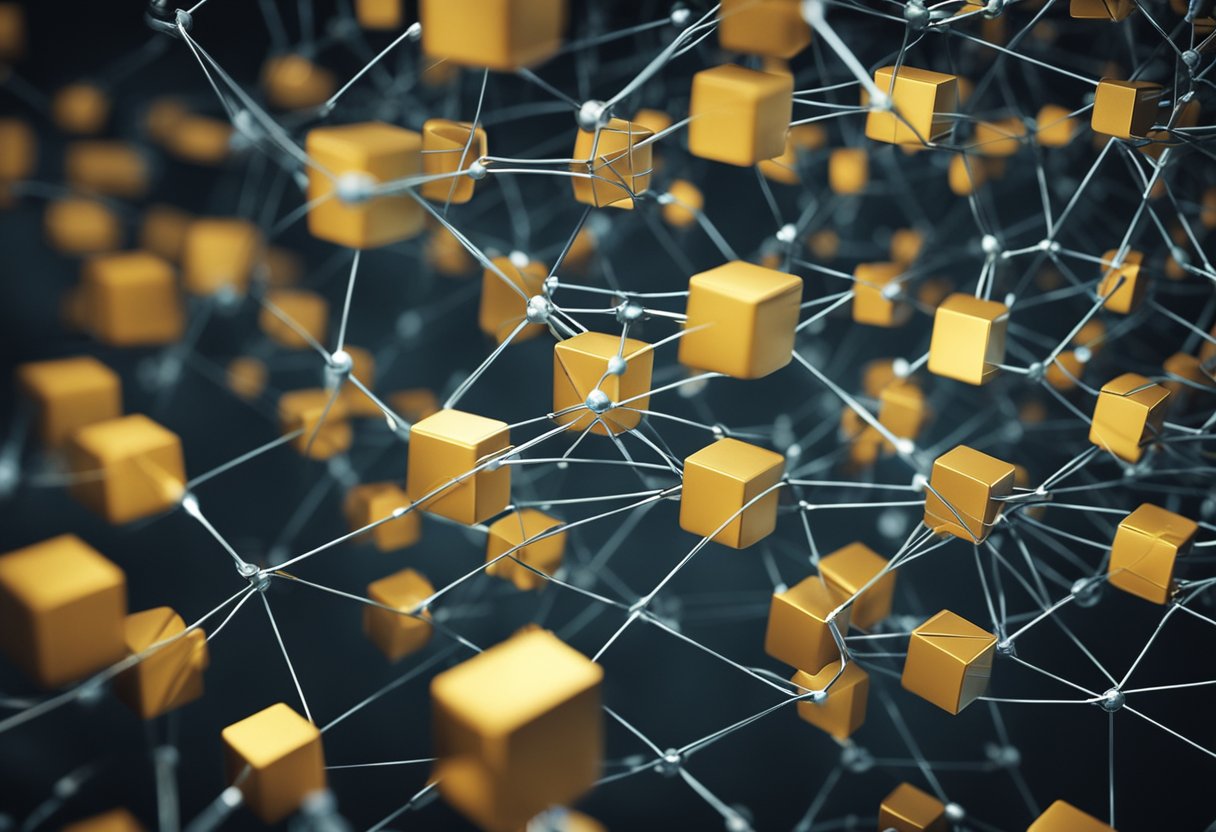 A network of interconnected blocks expands, but struggles to handle increasing transactions, symbolizing blockchain scalability issues