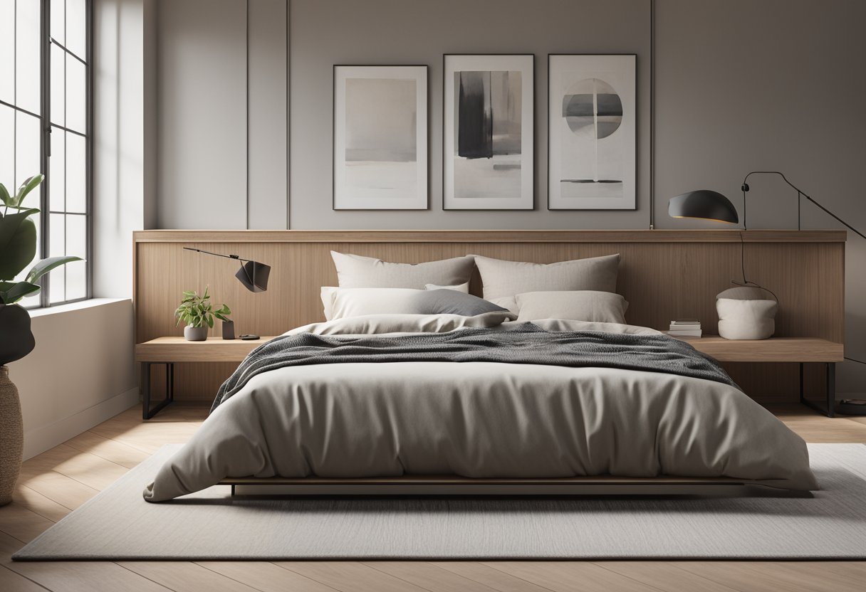 A simple bedroom with sleek, low-profile furniture. Neutral colors and clean lines create a minimalist feel. No clutter, just essential pieces