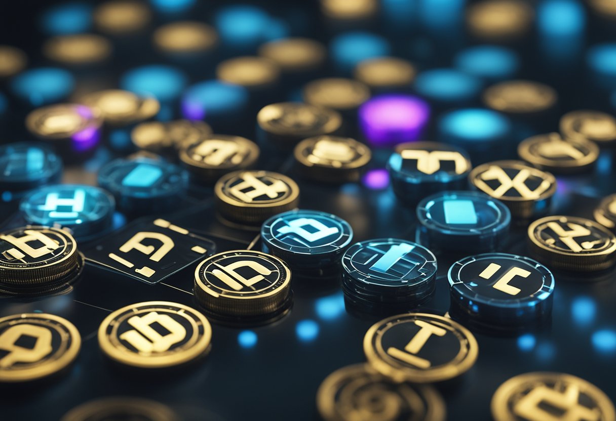 Various blockchain tokens floating above a network of interconnected blocks, symbolizing the different types of tokens and their importance in the blockchain ecosystem