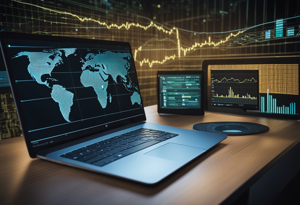 A computer screen displaying a blockchain network with security and utility tokens being exchanged. Charts and graphs show the tokenization process in action