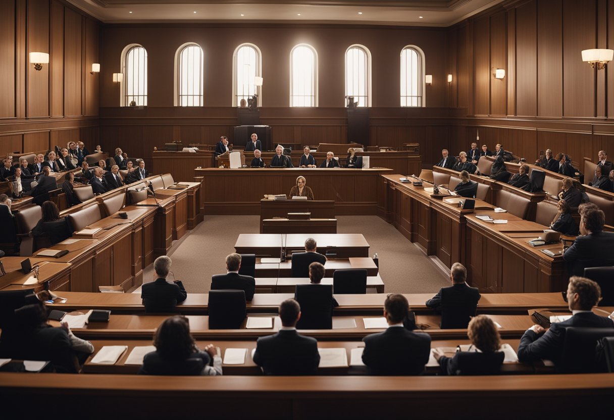 A courtroom scene with a judge presiding over a case involving token security vs utility tokens. Lawyers present arguments while a jury listens intently