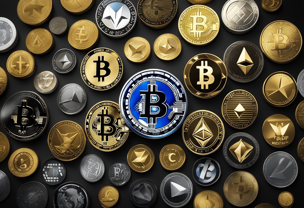 Various cryptocurrencies and tokens displayed on a digital screen, each with their unique logos and symbols