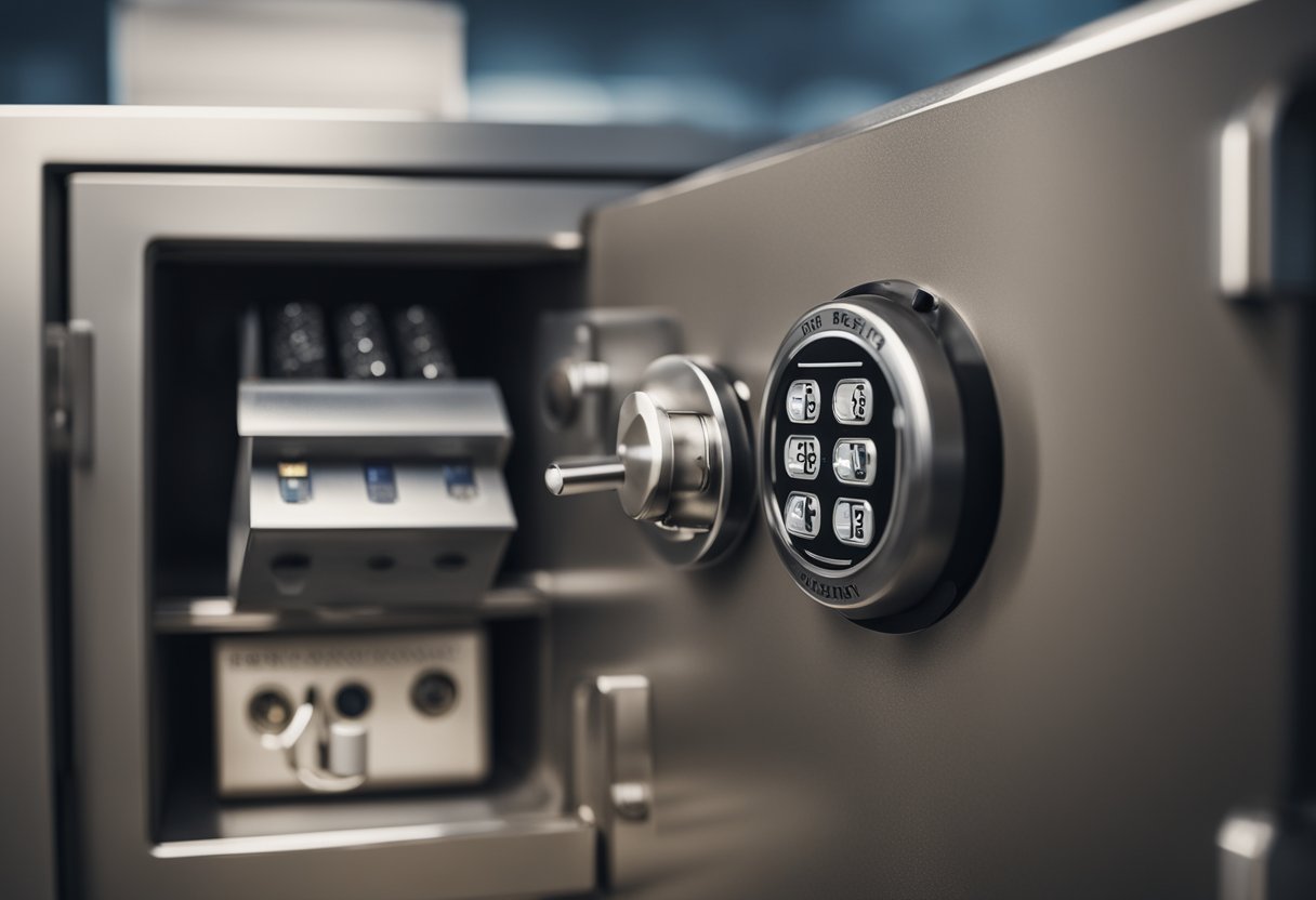 A secure safe with a digital lock, a bank vault, and a fireproof storage container surrounded by warning signs and security cameras