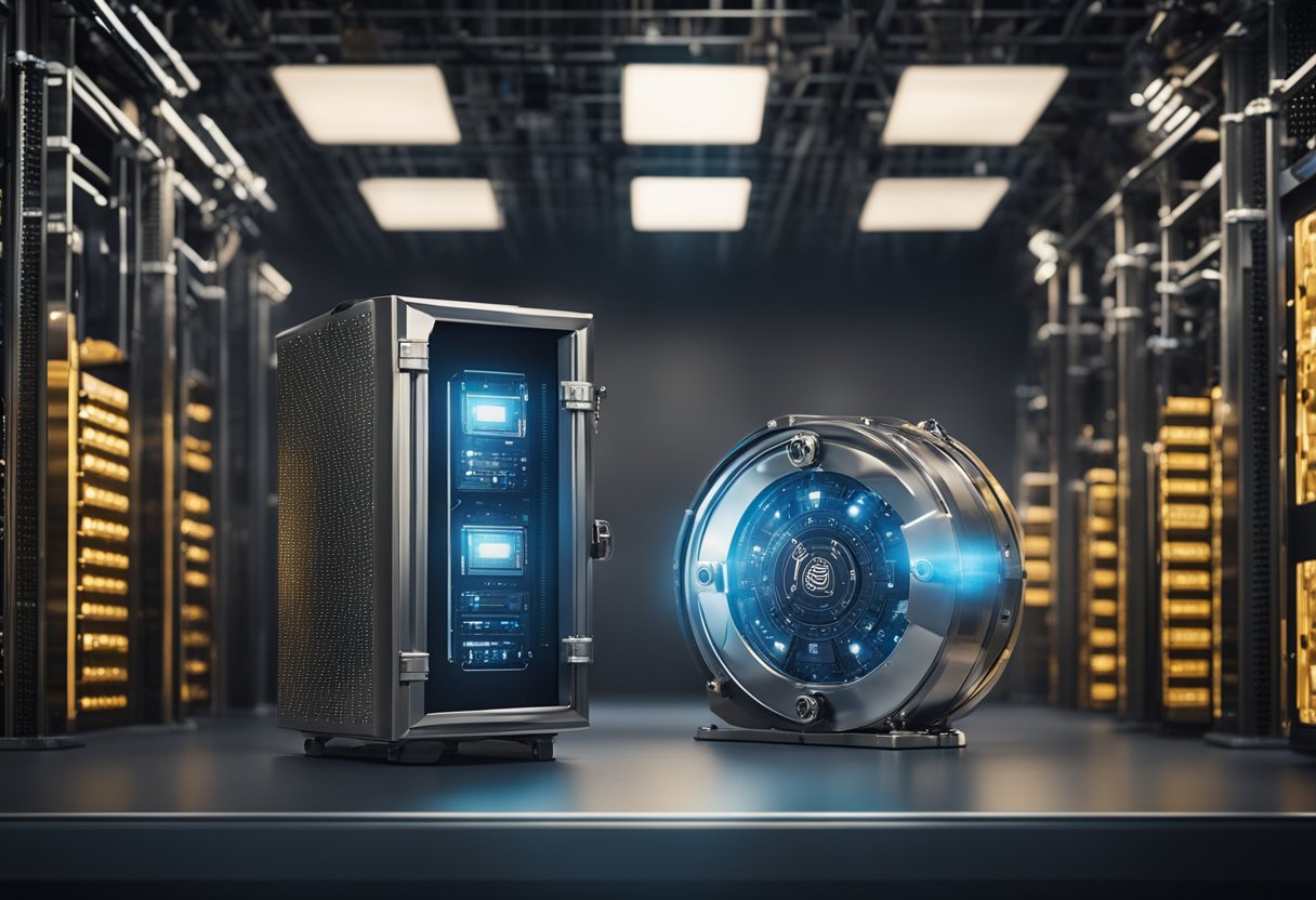 A secure vault with various types of crypto wallets inside, surrounded by high-tech security systems and guarded by a vigilant robot