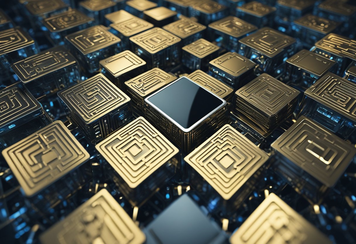 A digital wallet surrounded by interconnected blocks, symbolizing the secure and transparent nature of blockchain technology