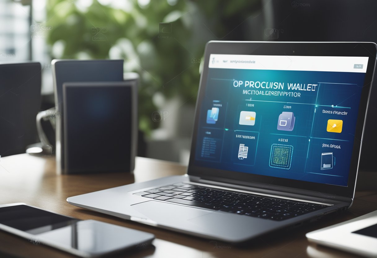 A digital wallet opens on a computer screen, displaying a blockchain interface with secure encryption and transaction history