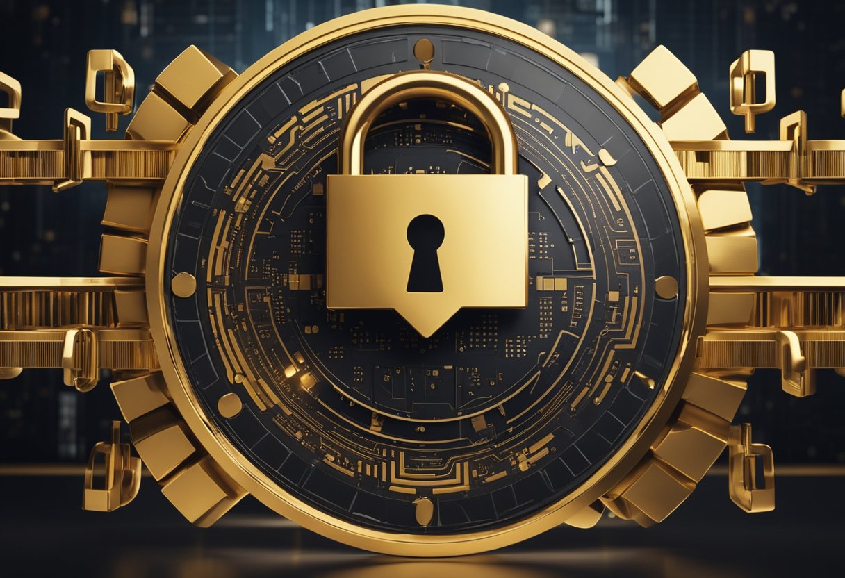 A padlock with a digital currency symbol, surrounded by a shield and lock icons, to represent the security measures protecting cryptocurrency