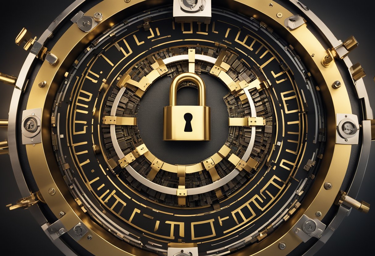 A padlocked vault surrounded by layers of digital encryption, guarded by a vigilant shield against cyber threats