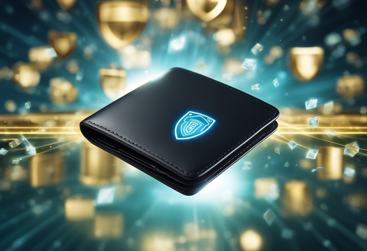 A digital wallet surrounded by a protective shield, with a lock symbol and a shield icon to symbolize security