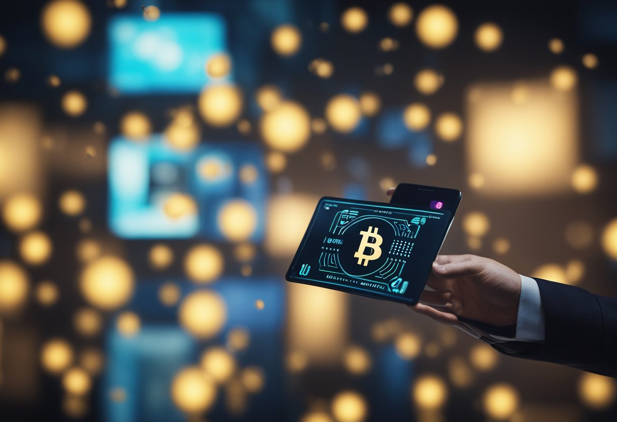 A digital wallet hovers above a traditional wallet, emitting a glow. Various symbols of cryptocurrency float around it, representing the benefits of using crypto payments