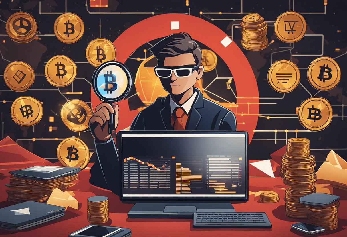 A person researching online, surrounded by warning signs and red flags, with a magnifying glass inspecting cryptocurrency offers