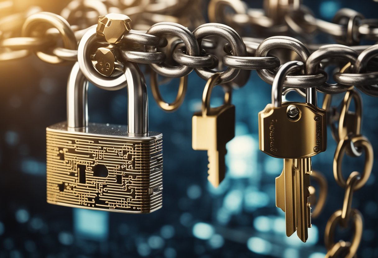 A lock and key symbolize cryptography, while a chain represents blockchain, all surrounded by digital data flowing through a network