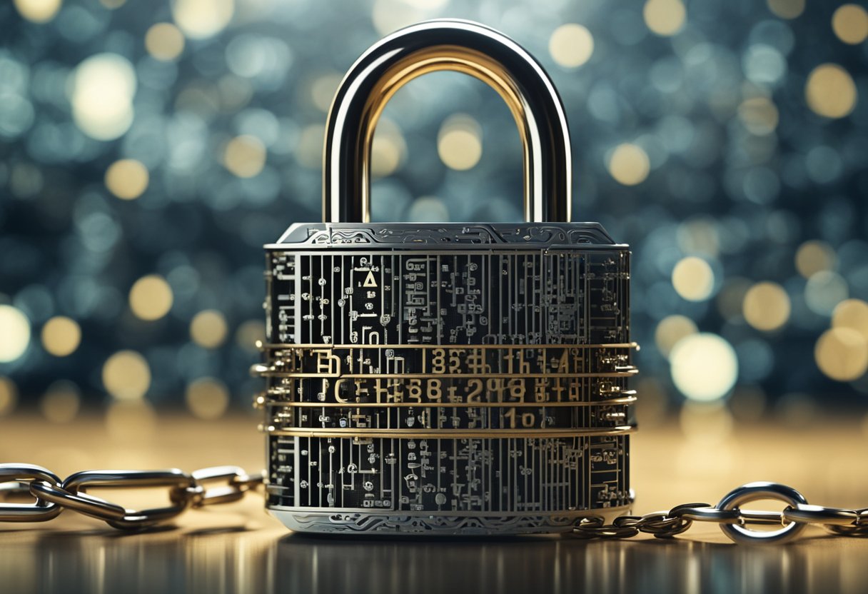 A padlock secured with chains, surrounded by complex mathematical equations and digital code, symbolizing the fundamentals of cryptography and blockchain