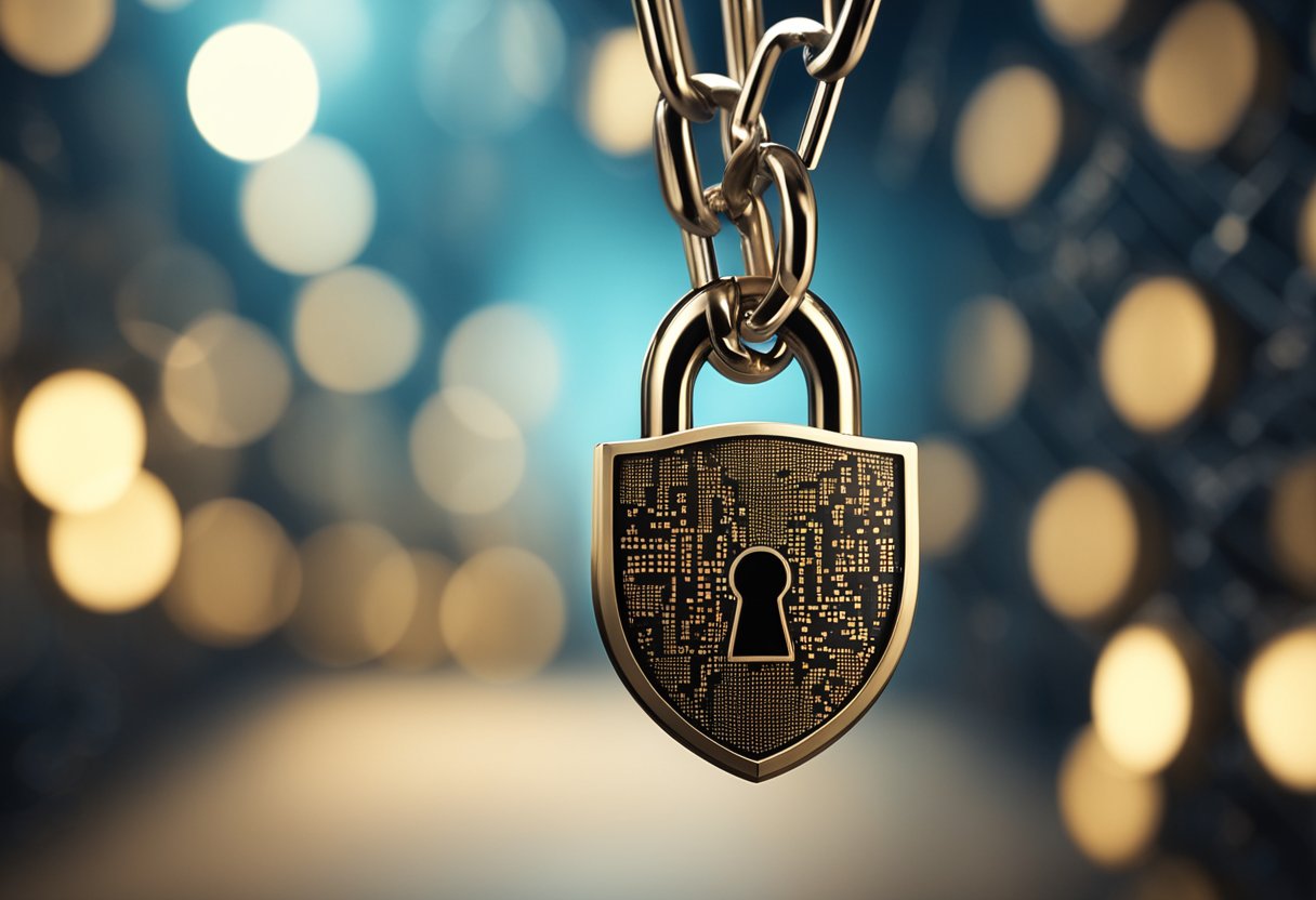 A padlock with a keyhole surrounded by a chain, encased in a shield with binary code and blockchain symbols in the background