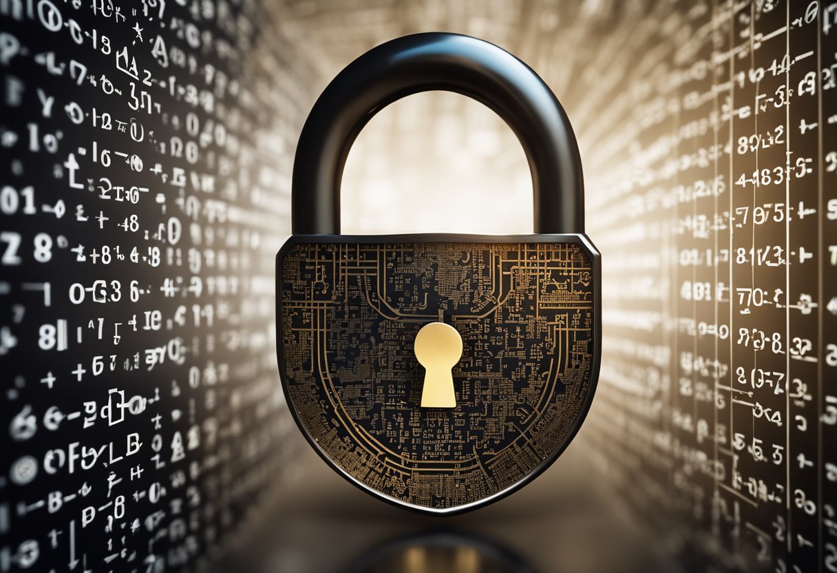 A padlock with a keyhole, surrounded by complex mathematical equations and algorithms, symbolizing the concept of cryptography and hash functions in blockchain technology