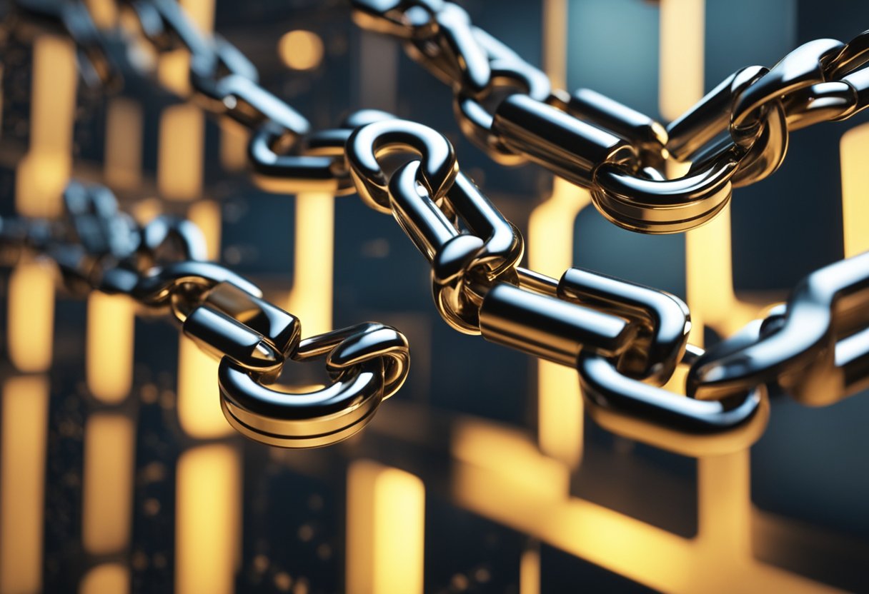 A chain of interconnected blocks with encrypted data, secured by digital keys, ensuring privacy in blockchain transactions