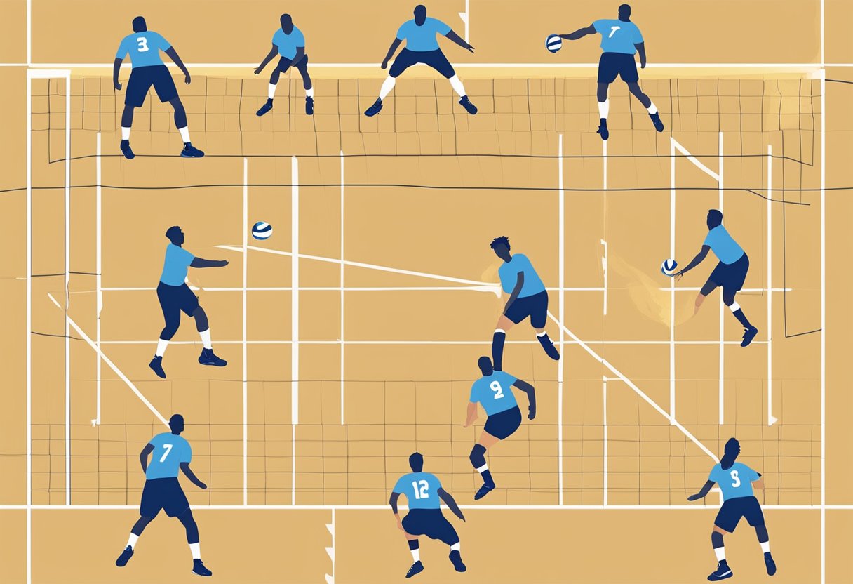 Players in a 4-2 volleyball rotation, with two setters and four hitters, positioned on the court ready for the serve