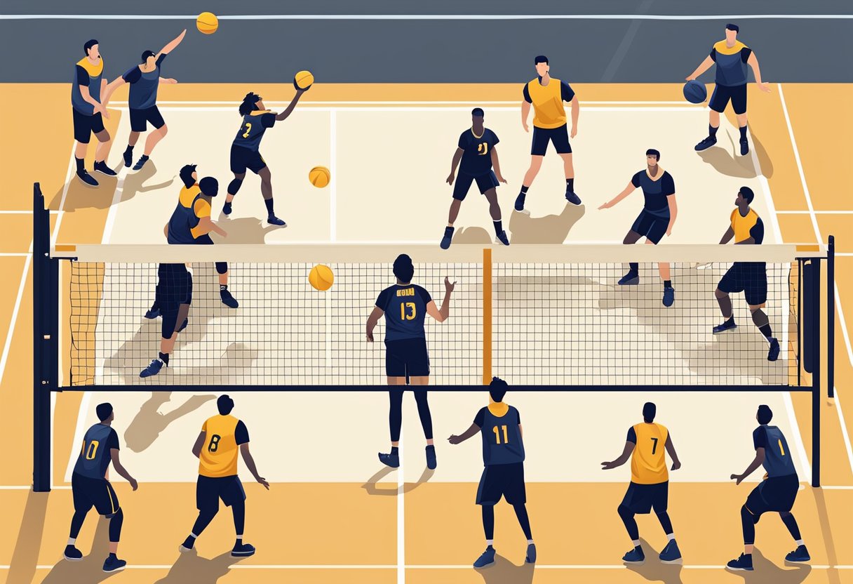 Six players on a volleyball court in a 4-2 rotation, with two players at the net ready to attack, and four players positioned in the backcourt ready to defend and pass the ball