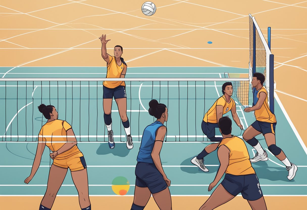 Six players positioned on a volleyball court in a 4-2 rotation, with two players in the front row and four in the back row