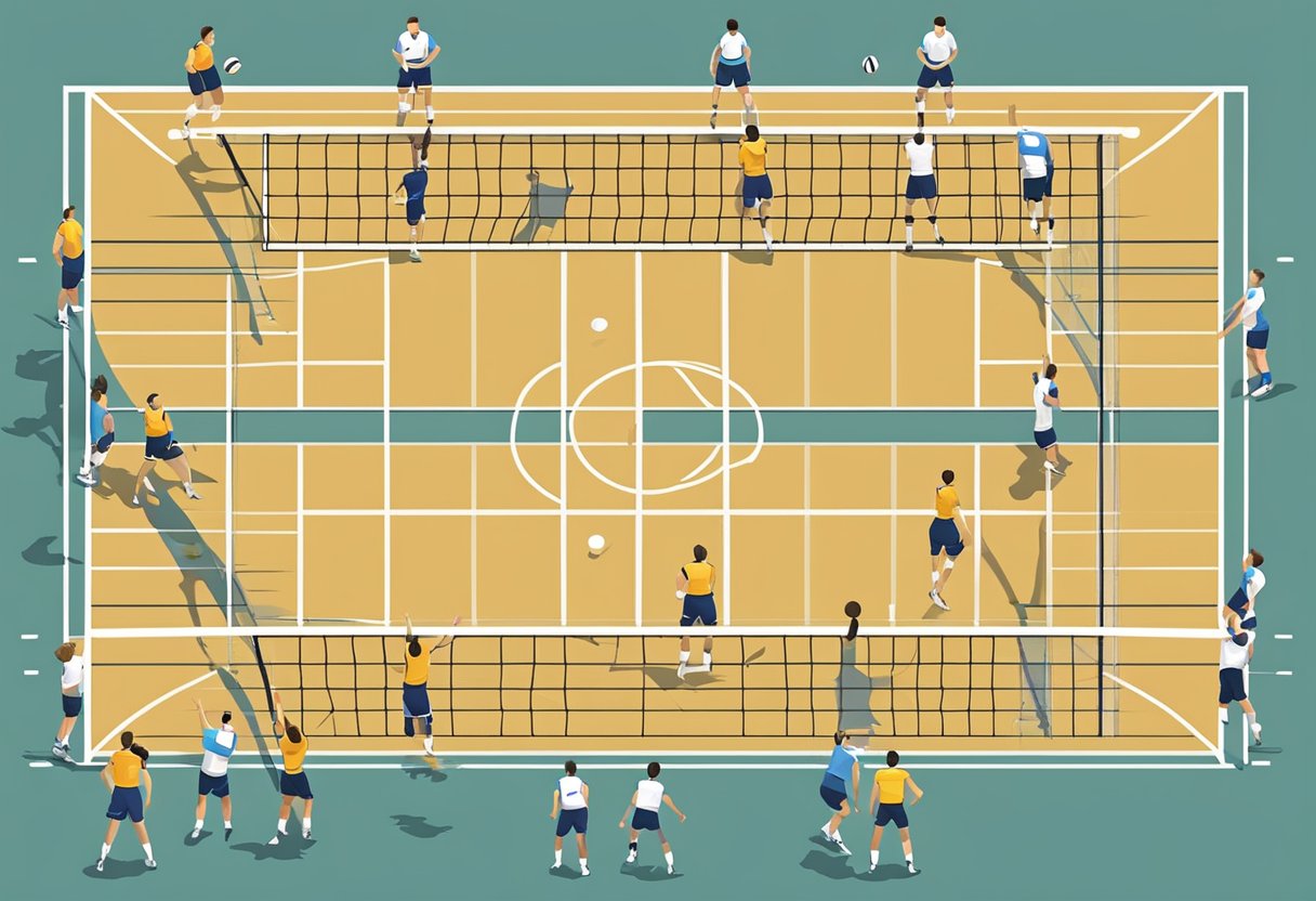 A volleyball court with players positioned in a 4-2 formation, ready for the serve