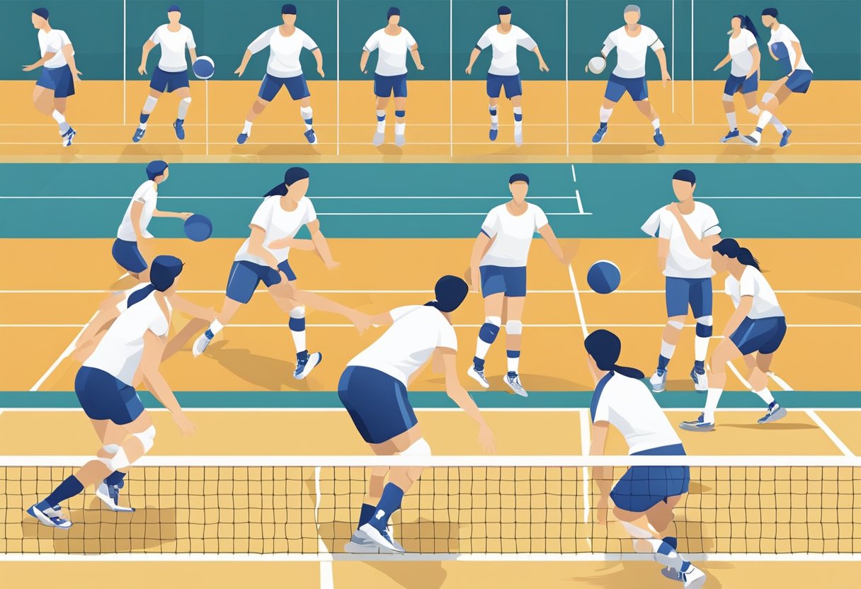 Players transitioning on the volleyball court in a 4-2 rotation. Movement from positions two to six