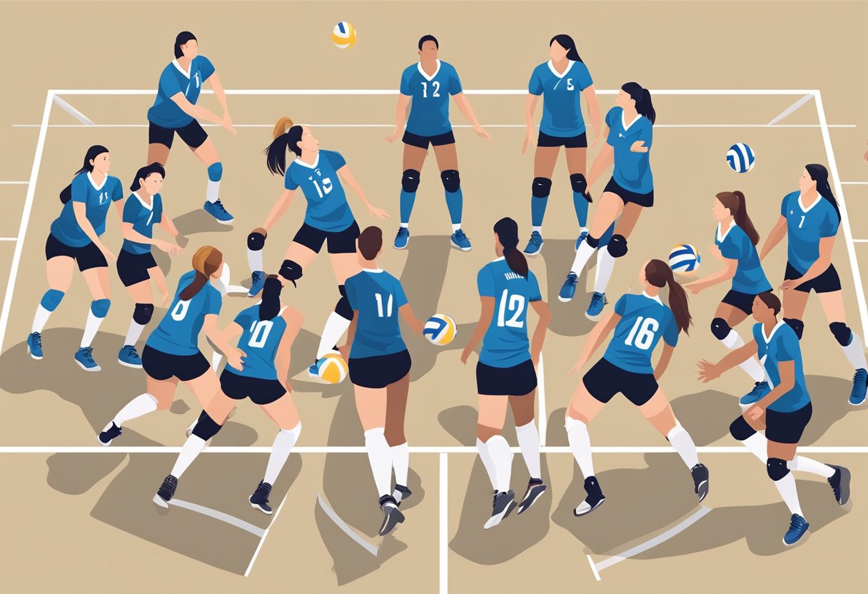 Players positioned in a 4-2 volleyball rotation, with two setters in the back row and four hitters in the front row