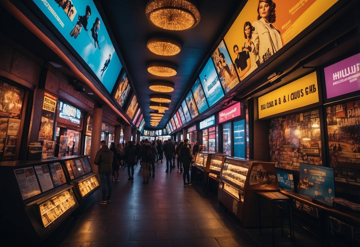 A bustling Berlin street with colorful movie posters adorning the walls. Neon lights illuminate a cinema marquee showcasing various film genres