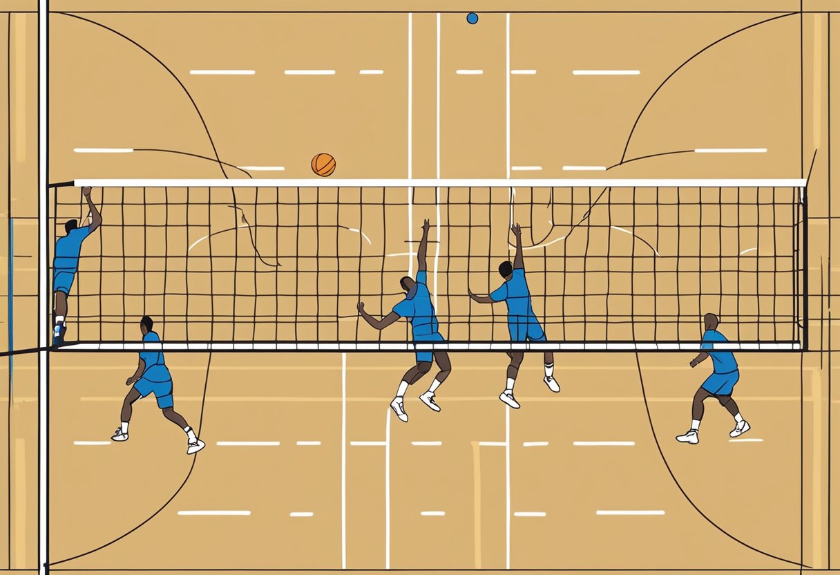 Players positioned on court in 4-2 formation. Two setters in the back row, four hitters in the front row. Defenders ready to receive, blockers ready to defend the net