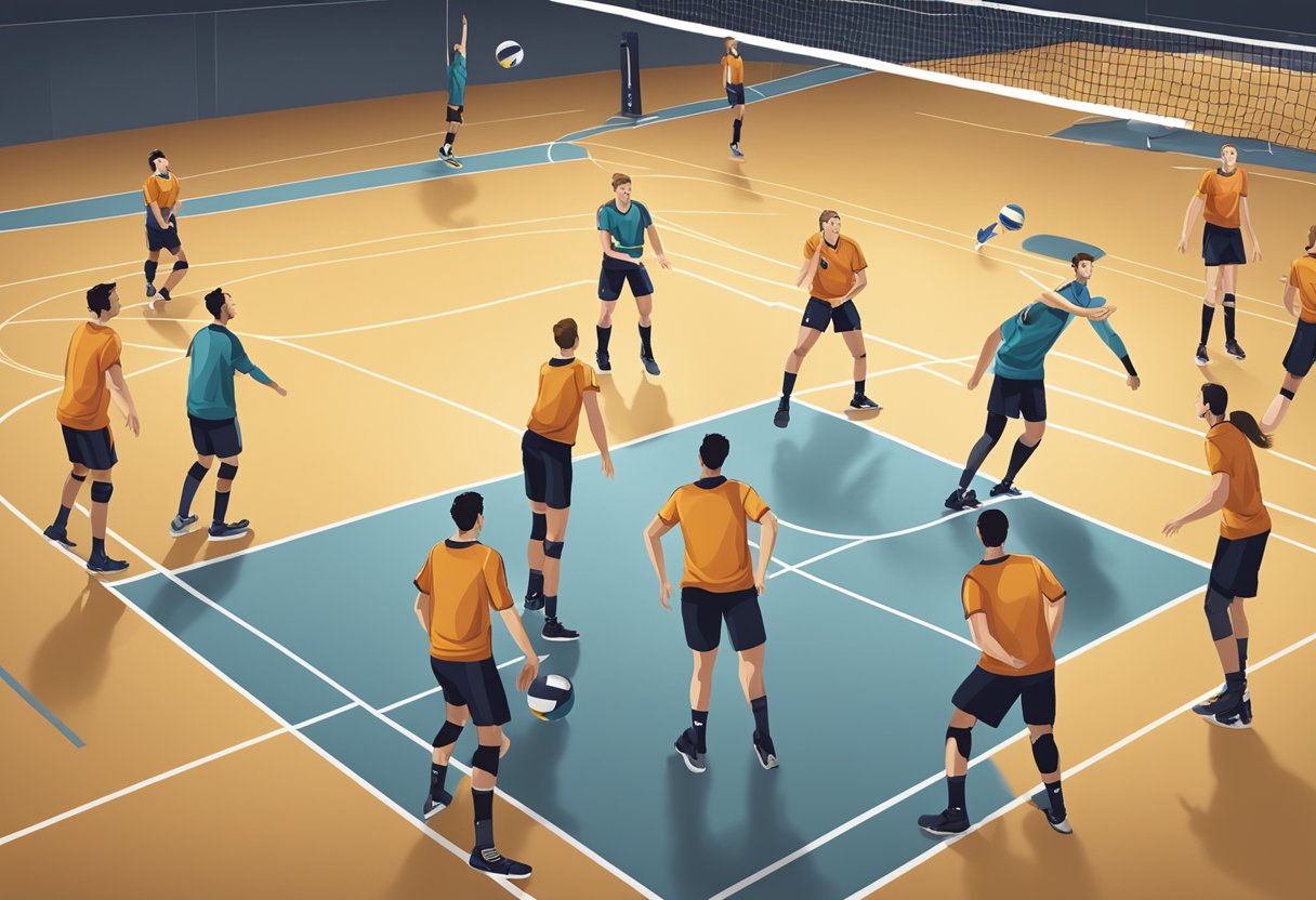 Players positioned on the court in a 4-2 volleyball rotation, with two setters and four hitters ready for a play