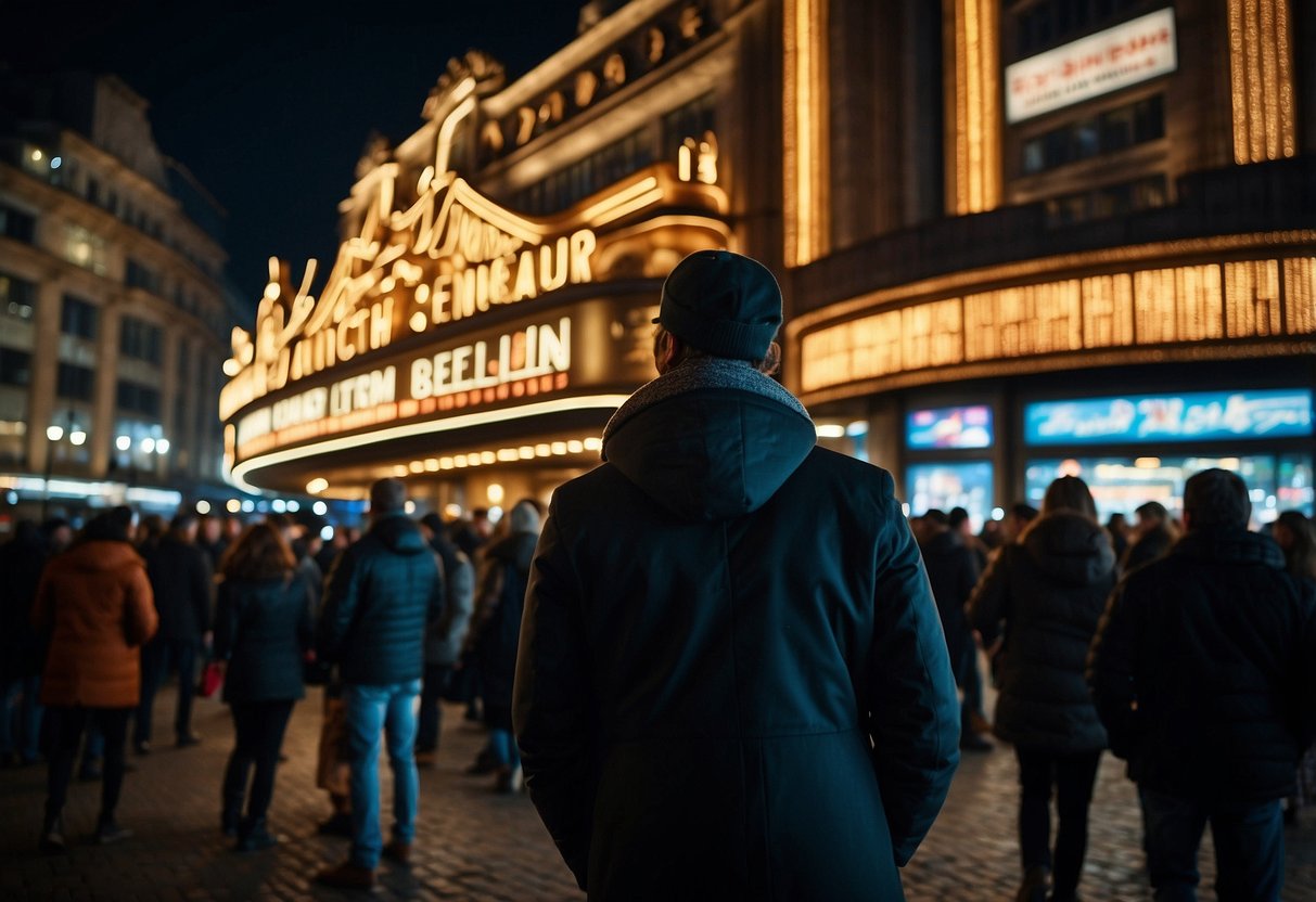 Crowds gather outside Berlin's iconic film venues, eager to experience the city's diverse and vibrant movie culture. The neon lights of cinemas illuminate the bustling streets as moviegoers anticipate the unique viewing experiences that await them