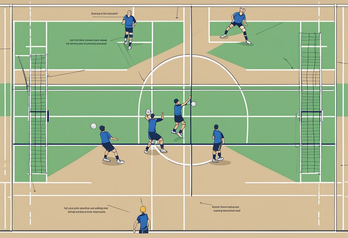 A volleyball court with players in incorrect rotational positions, accompanied by text identifying the errors and providing solutions