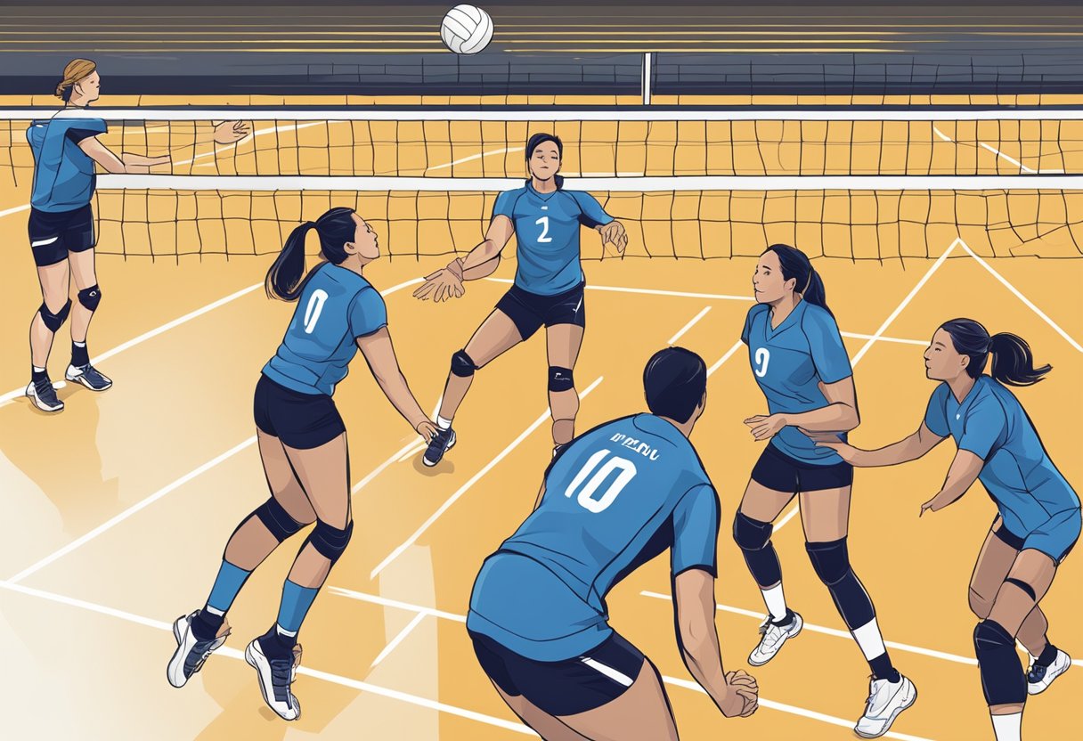 Players adjusting positions, communicating, and adapting to opponent's strategies in a 4-2 volleyball rotation