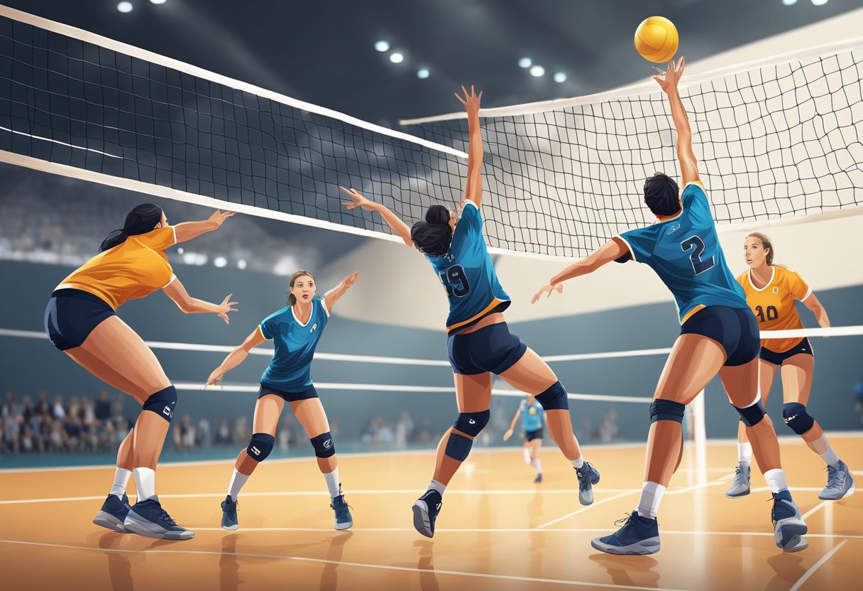 Players moving into position on the volleyball court in a 4-2 rotation, with the setter in the back row and two hitters at the net