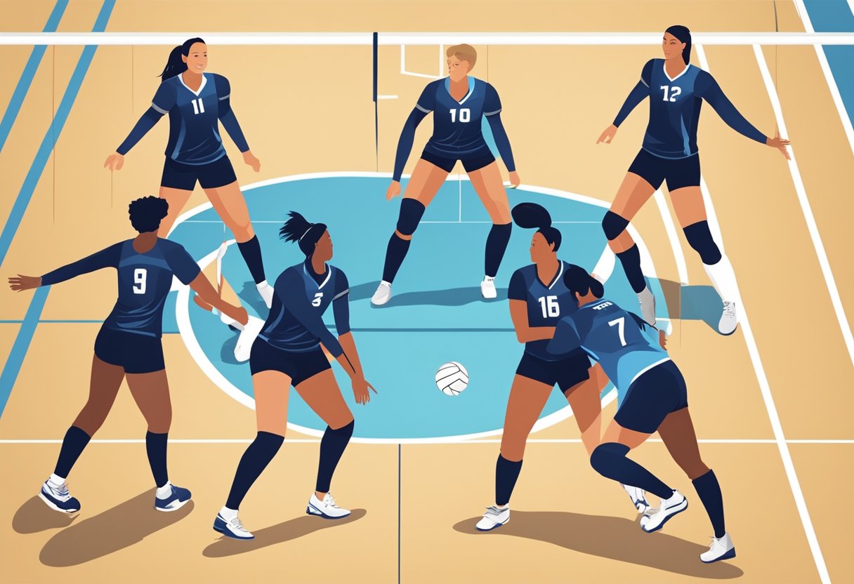 Players positioned in a 4-2 formation on a volleyball court with two setters in the back row and four hitters in the front row