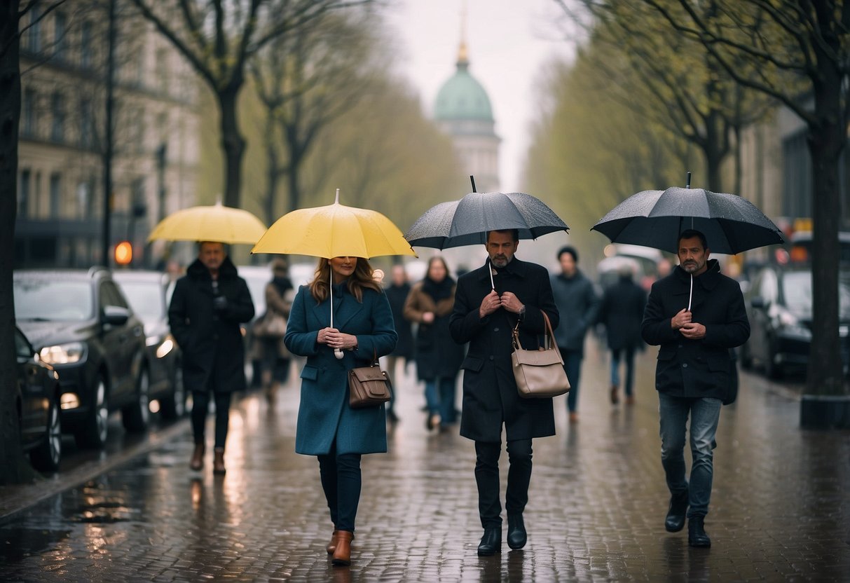 A cityscape of Berlin in March, with cloudy skies and light rain. People walking with umbrellas, trees beginning to bloom