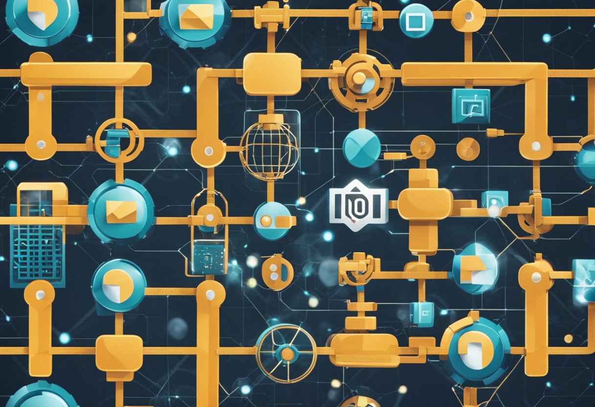 Different blockchains connected by chains, each representing a different blockchain. Communication lines linking them together, demonstrating cross-chain interoperability