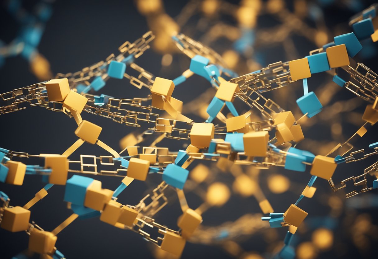 Multiple blockchains connect via lines, resembling a network. Each blockchain is represented by a distinct shape or symbol