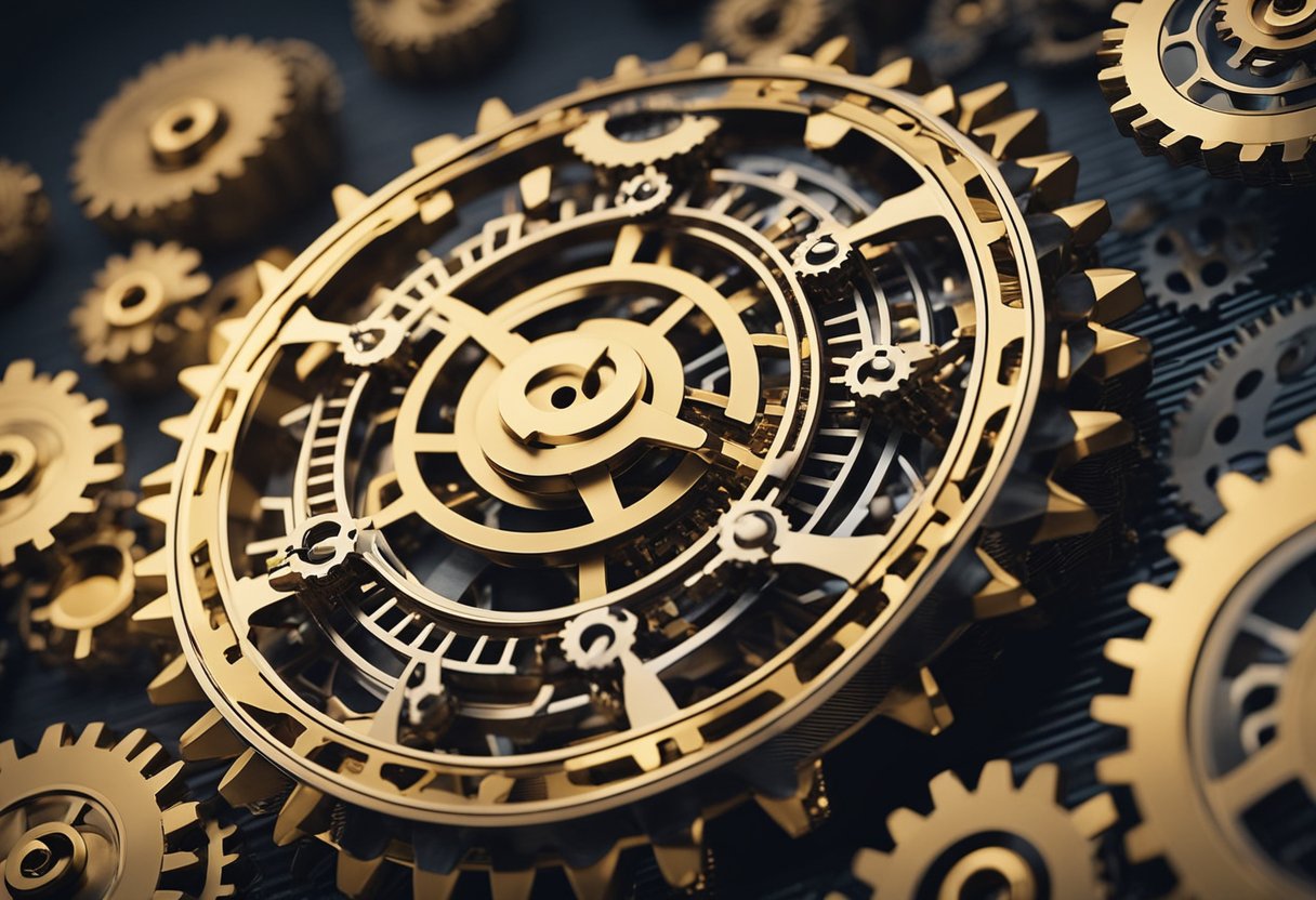 Various blockchain networks connect via intricate gears and cogs, symbolizing interoperability. Digital chains intertwine, allowing seamless data exchange