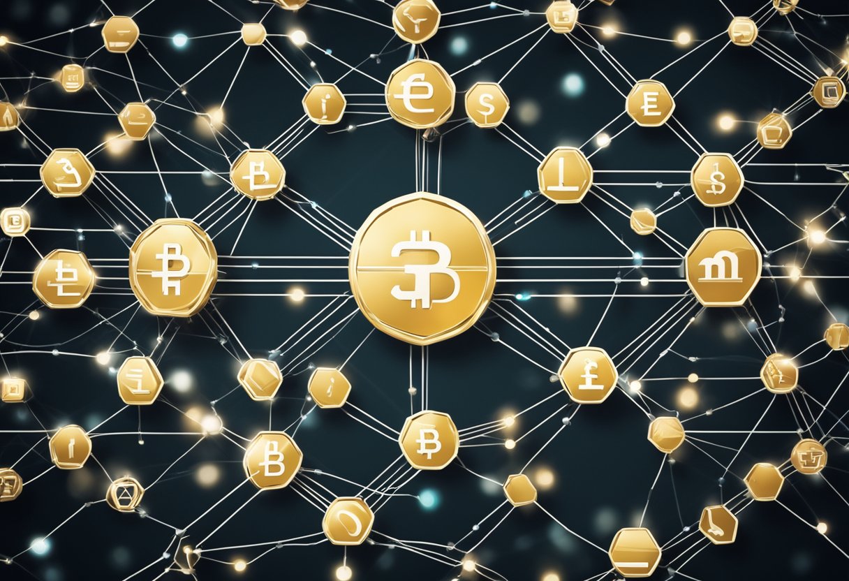 Multiple blockchain networks connected by lines, symbolizing interoperability. Each network is labeled with its name and logo, showcasing the seamless communication between different platforms