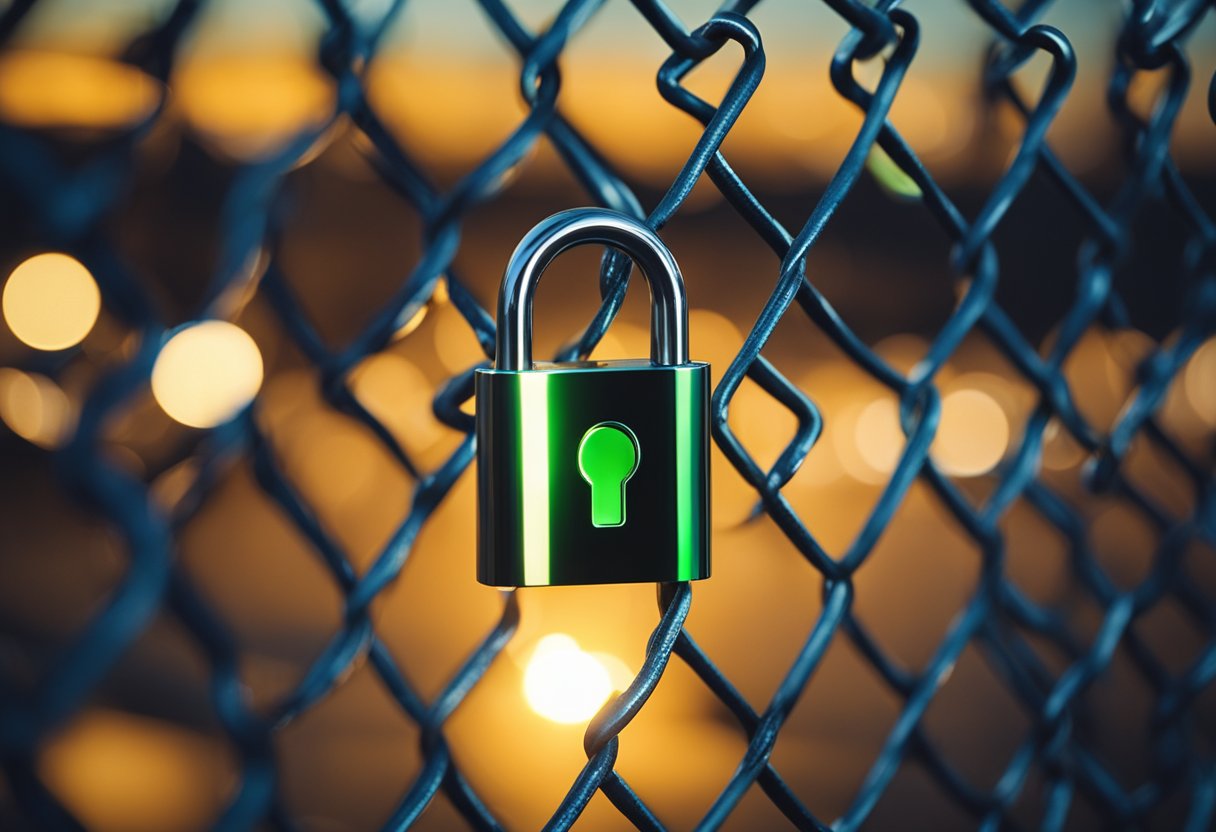 A chain-link fence surrounds a glowing digital padlock, with data blocks floating above