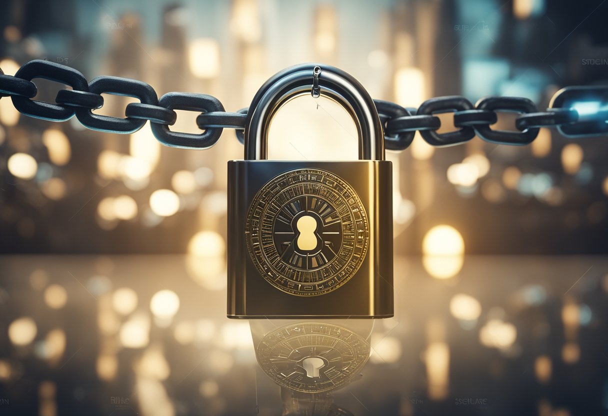 A padlock with chains wrapped around a digital block, surrounded by a shield and lock symbols, representing the security advantages of blockchain technology