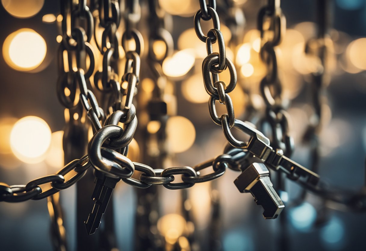 Multiple chains intertwining, each with its own security measures. Locks and keys symbolize consensus mechanisms, ensuring the safety of the blockchain