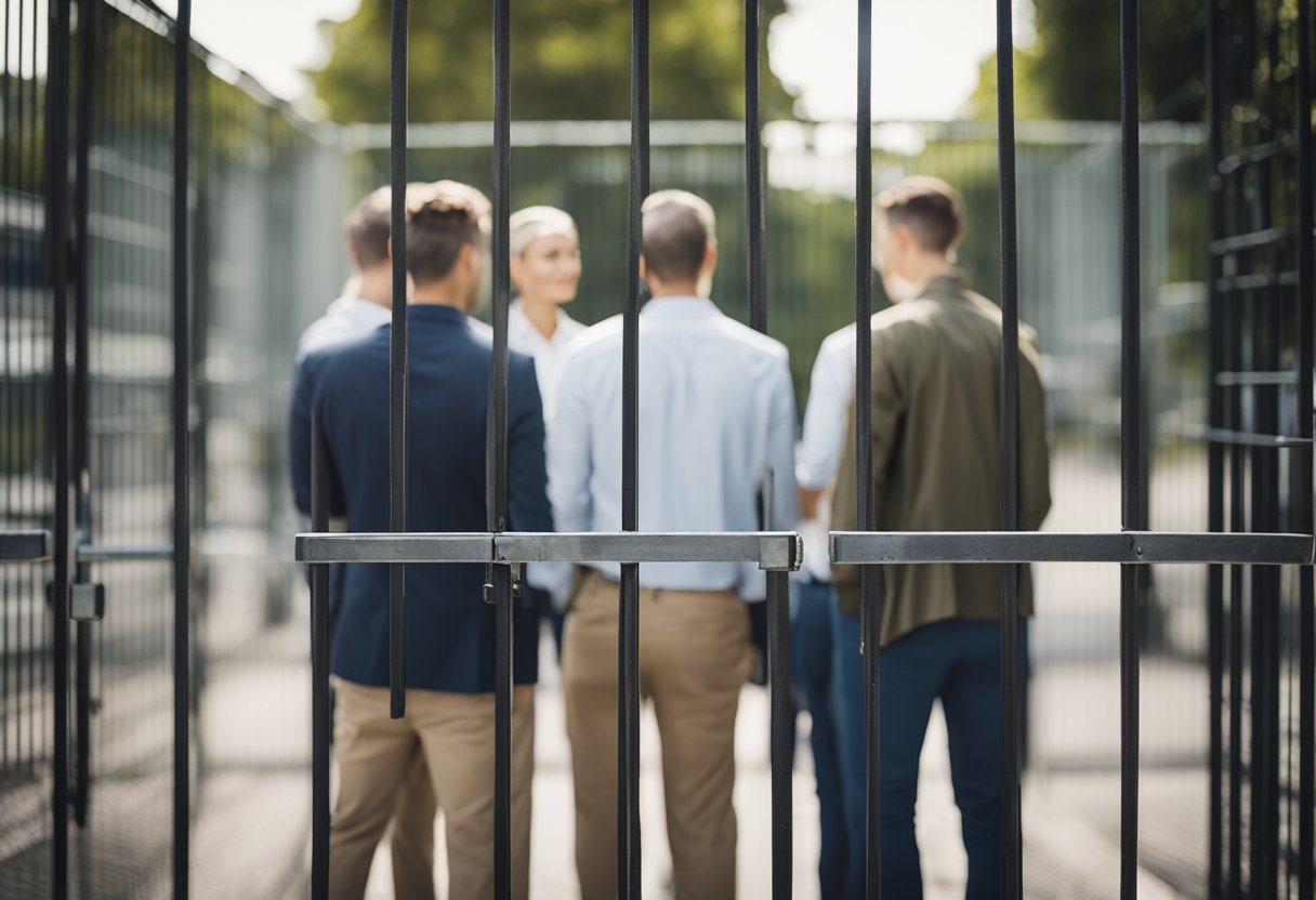 A group of authorized individuals standing inside a gated area, with a clear distinction between those who have permission and those who do not