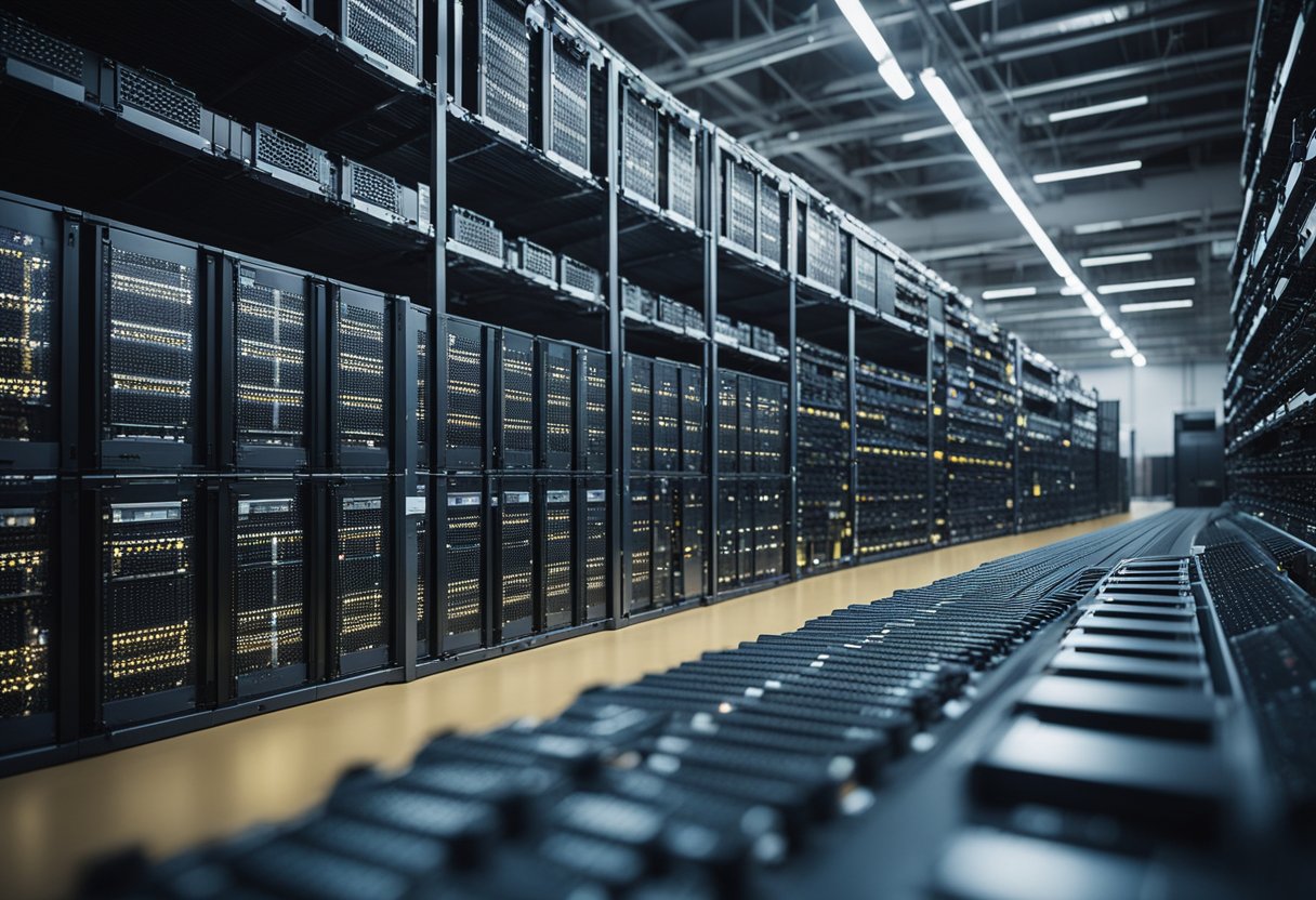 A large warehouse filled with rows of powerful computers and specialized hardware, all connected to a network and running crypto mining software