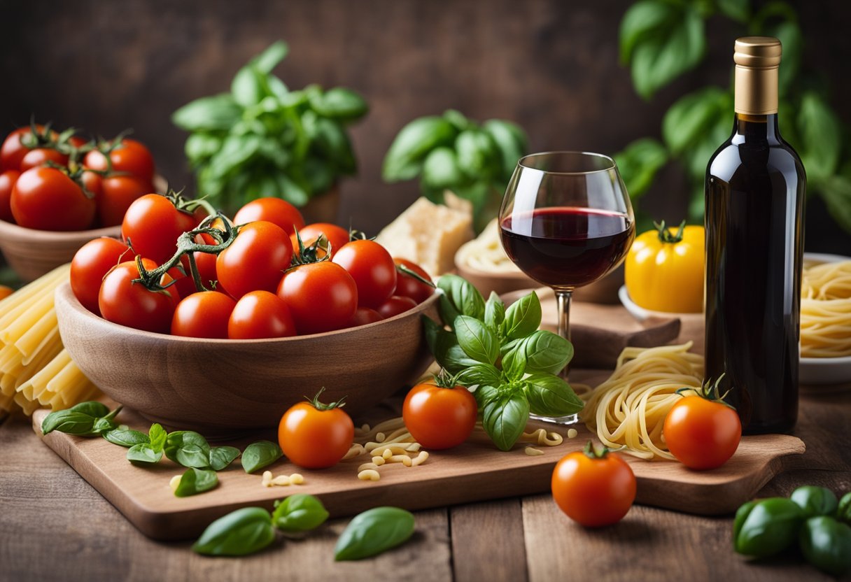 A table set with vibrant, fresh ingredients: tomatoes, basil, olive oil, and pasta. A bottle of wine and a bowl of ripe fruit complete the scene